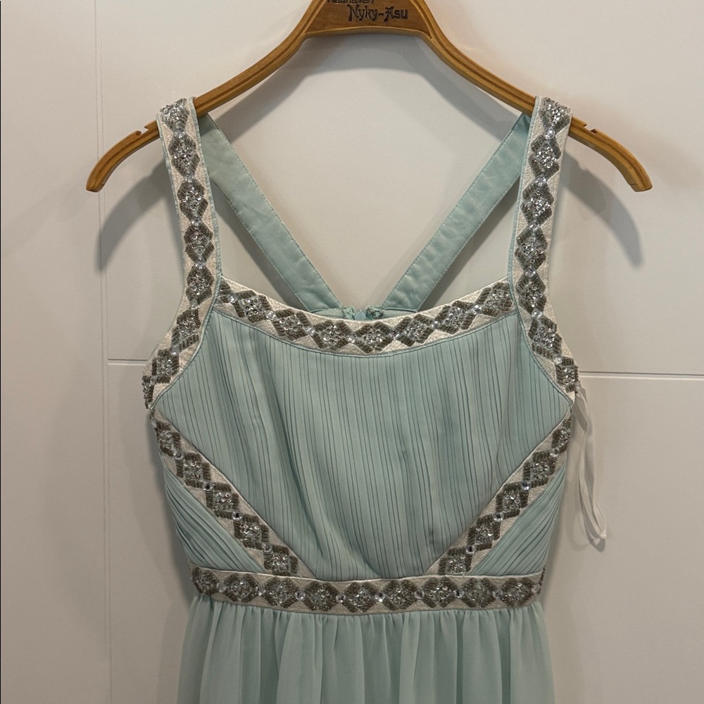 Minuet Petite Mint Green Satin Dress with Beaded Trim size small - Picture 4 of 9